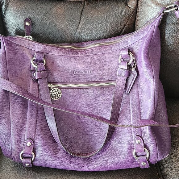 Coach F17566 Leather Alexandra Convertible Pebble Leather Tote Purple - Picture 2 of 4